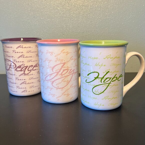 Set of 3 Gibson PEACE, HOPE & JOY Ceramic Mugs ~ Inspirational ~ Advent Words - Picture 1 of 12